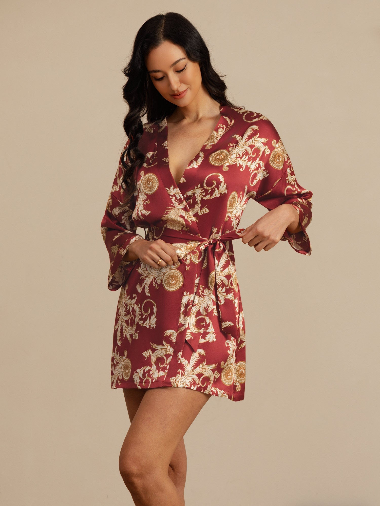 [Vinröd Drake] SilkSilky-SE 3/4 Ärm Dam Morgonrock 005