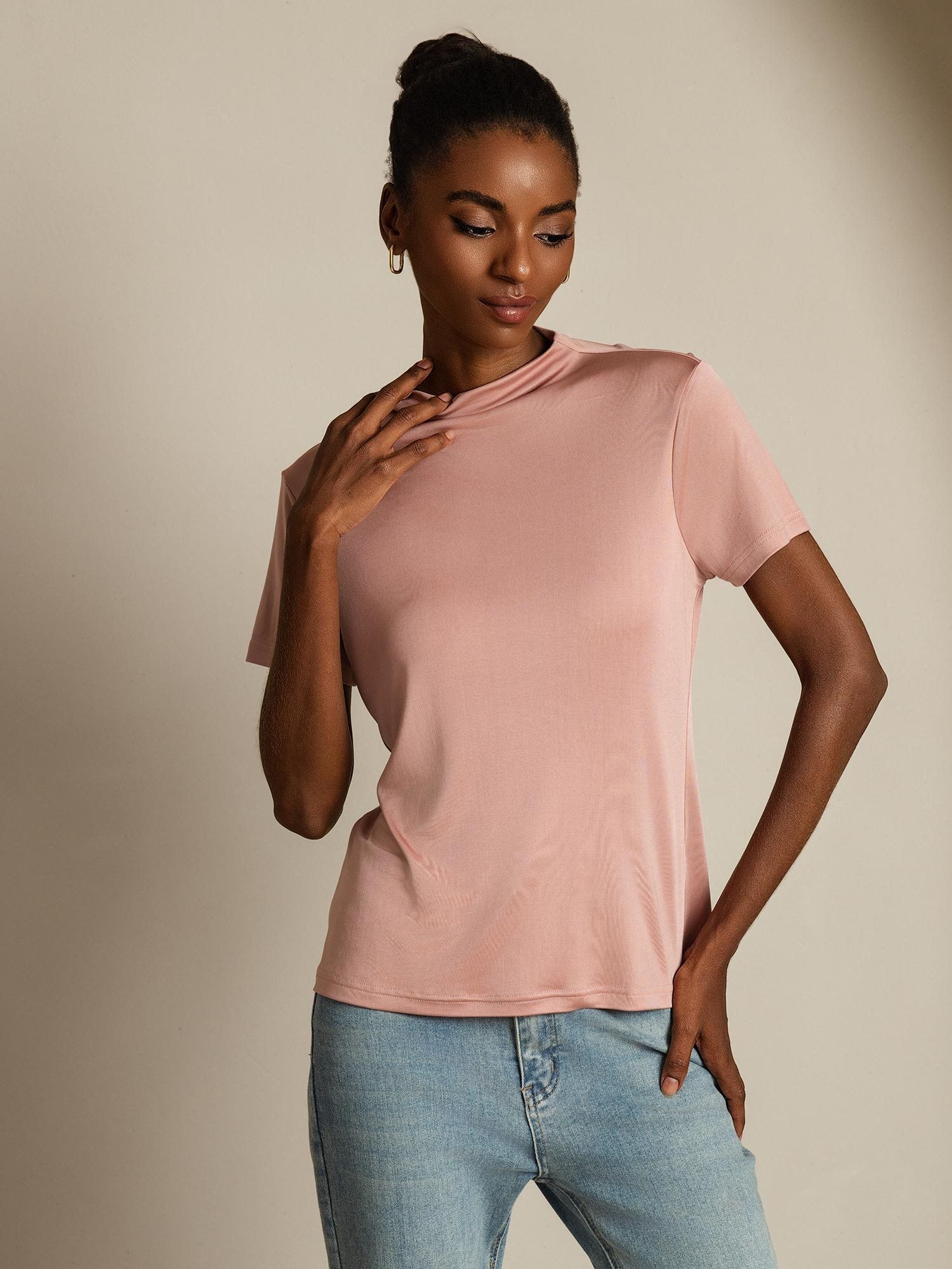 [Rosa] SilkSilky-SE Rent Silke Krage Dam T-Shirt 005