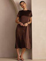 [Mörk Choklad] SilkSilky-SE Short Sleeve Round Neck Klänning 003