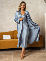[Gråblå] SilkSilky-SE Long Sleeve V Neck Dam Nattlinne&Morgonrock Set 006