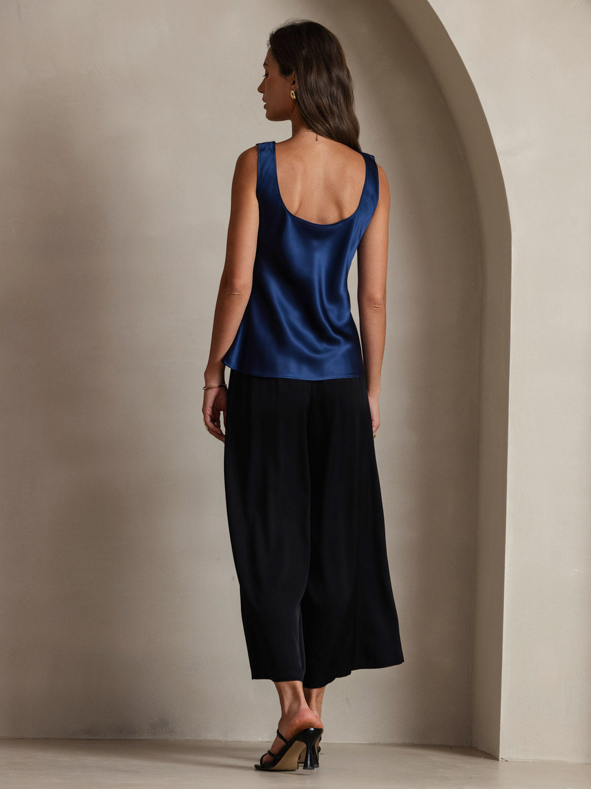 [Mörkblå] SilkSilky-SE 19Momme Ärmlös Djup Rund Halsringning Cami Toppar 002