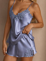 [Stålblå] SilkSilky-SE Spaghetti Strap V Neck Camisole Set 004