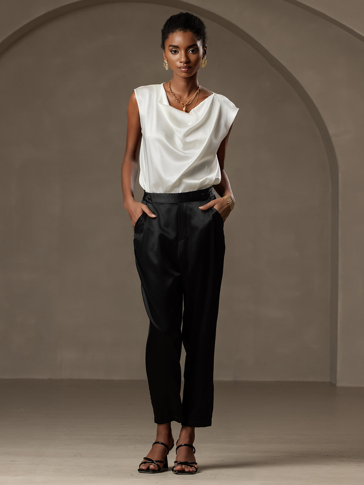 [Svart] SilkSilky-SE 19Momme Silke Womens Pants 006