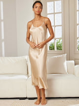 [Champagne] SilkSilky-SE Spaghetti Strap V Neck Nattlinne 005
