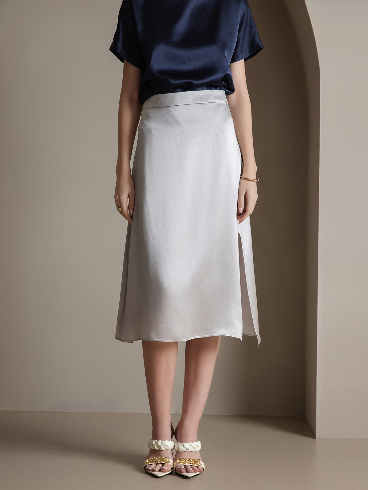 [Ljusgrå] SilkSilky-SE 19Momme Silke Skirt 005
