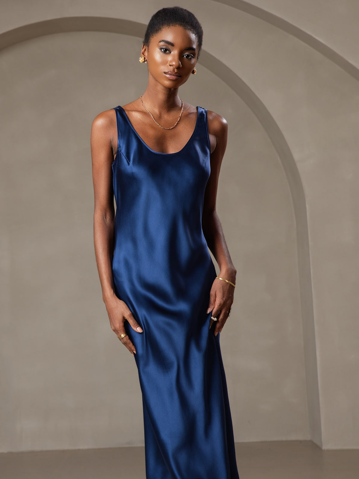 [Mörkblå] SilkSilky-SE Rent Silke Dress 003