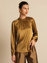 [Brons] SilkSilky-SE 19Momme Lång Ärm Rund Halsringning Blus 001