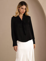 [Svart] SilkSilky-SE Long Sleeve Tie Neck Damblusar 001