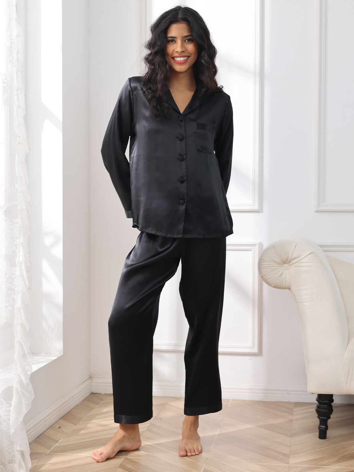 [Svart] SilkSilky-SE Rent Silke Womens Pajamas 003
