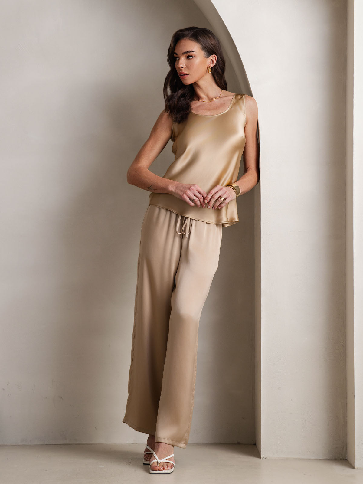 [Champagne] SilkSilky-SE Rent Silke Båthals Camisole Set 001