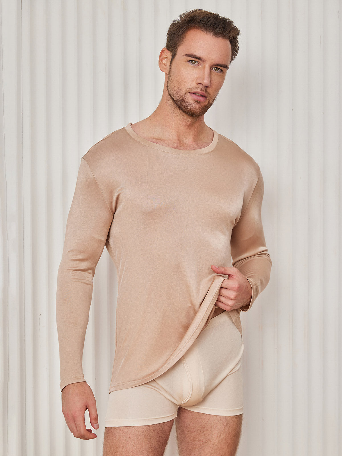 [Beige] SilkSilky-SE Silke Stickad Mens T-Shirt 001