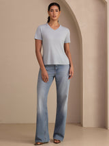 [Gråblå] SilkSilky-SE Short Sleeve V Neck Dam T-Shirt 006
