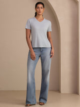 [Gråblå] SilkSilky-SE Short Sleeve V Neck Dam T-Shirt 006