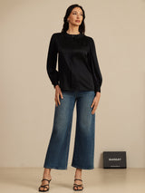 [Svart] SilkSilky-SE 19Momme Long Sleeve Round Neck Blus 005