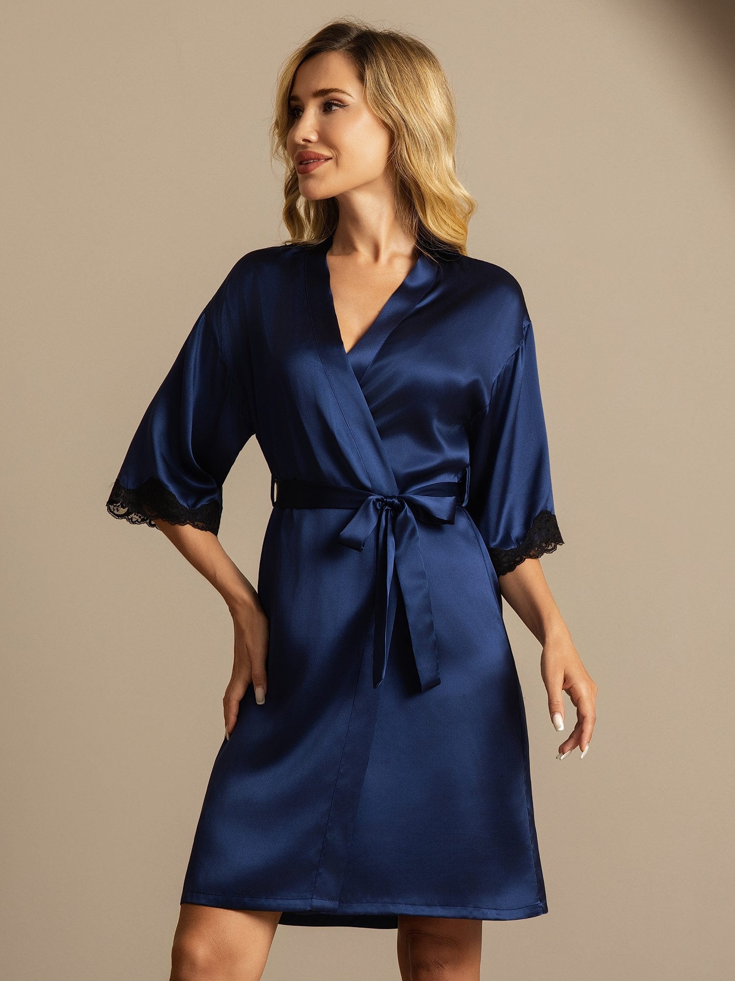 [Mörkblå] SilkSilky-SE Rent Silke Womens Robe 005