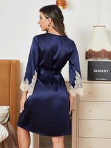 [Mörkblå] SilkSilky-SE Rent Silke 3/4 Ärm Womens Robe 002