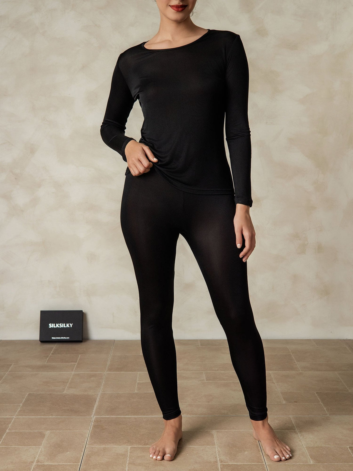 [Svart] SilkSilky-SE Long Sleeve Round Neck Dam Långkalsonger 001
