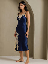 [Mörkblå] SilkSilky-SE Spaghetti Strap V Neck Nattlinne 009