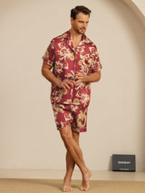 [Vinröd Drake] SilkSilky-SE Short Sleeve Notchkrage Herr Pyjama 007