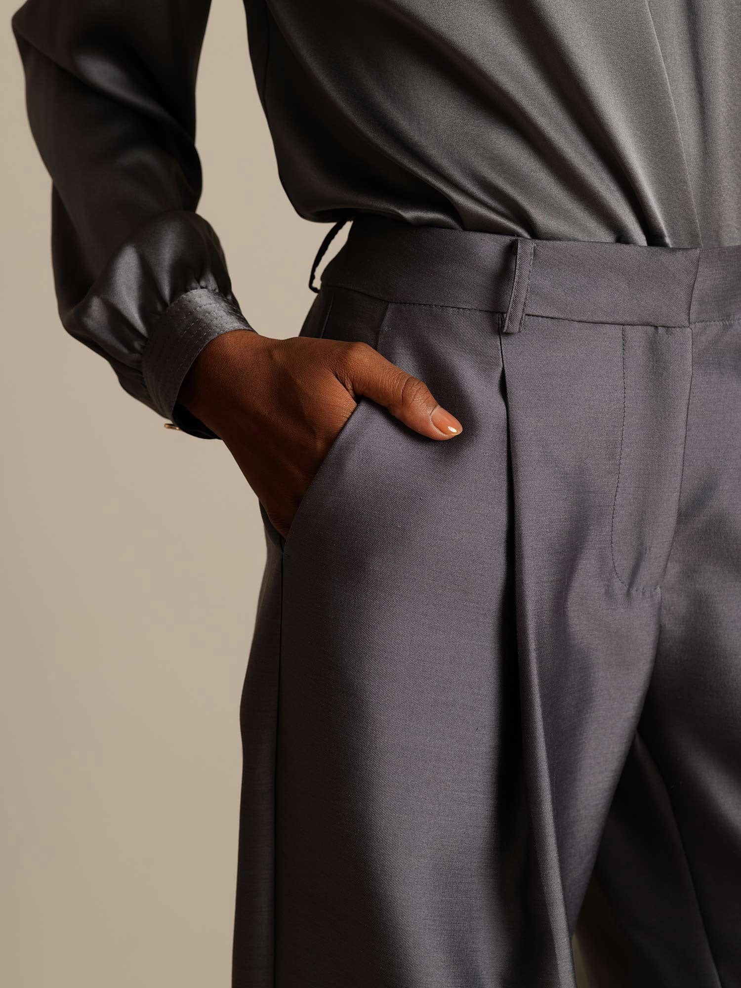 [Grå] SilkSilky-SE 32Momme Silk-Wool Blend Womens Pants 004,