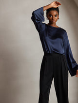 [Mörkblå] SilkSilky-SE Long Sleeve Boat Neck Blus 005