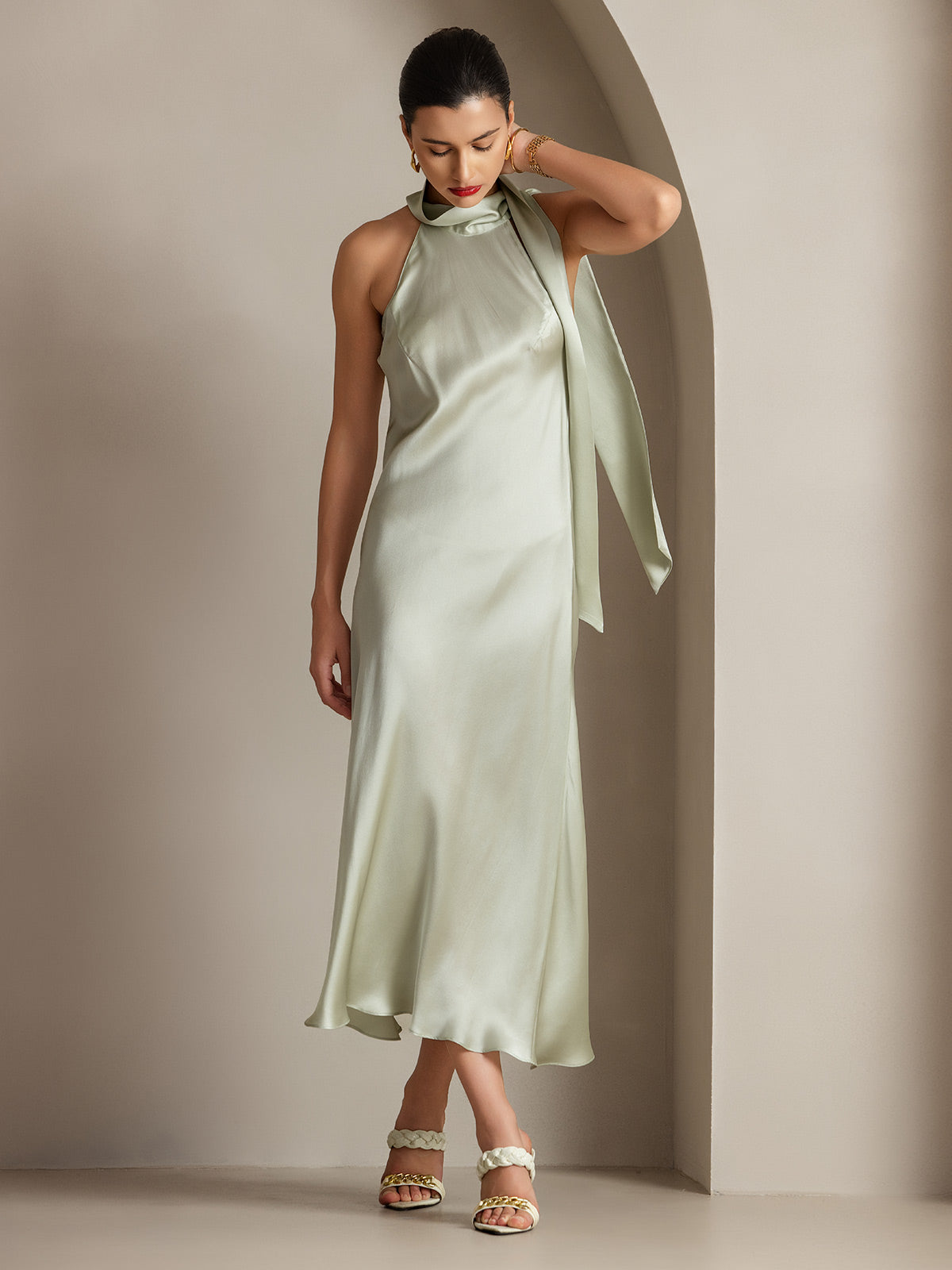 [Ljusgrön] SilkSilky-SE 19Momme Silke Dress 005