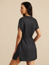 [Svart] SilkSilky-SE 18Momme Kappärm Henley-halsringning Klänning 002