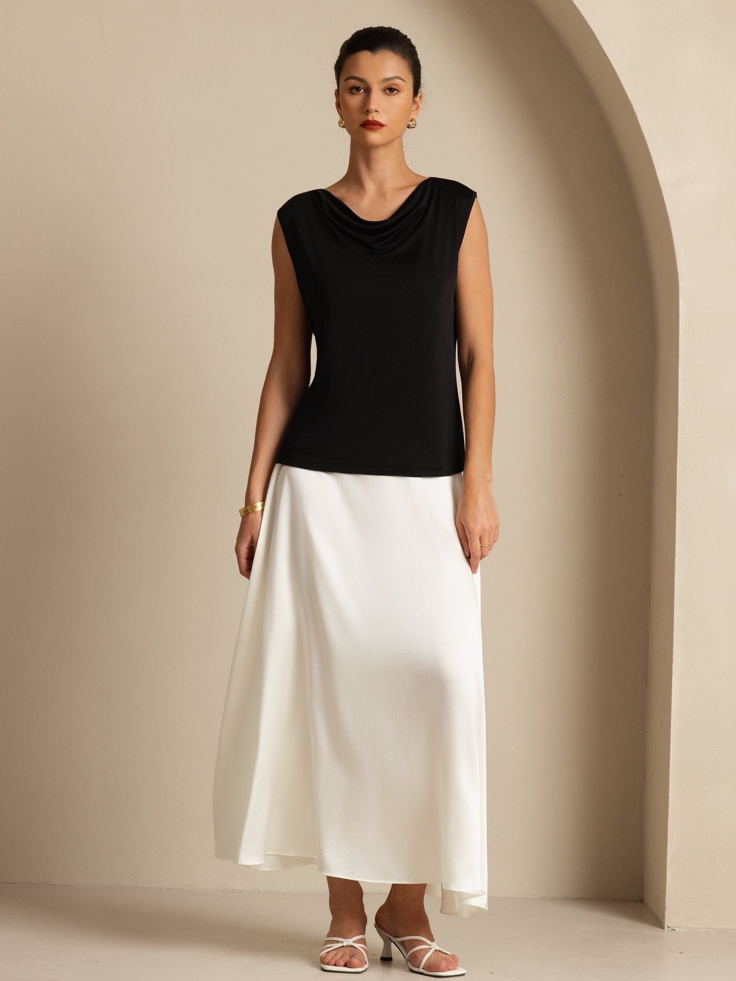 [Svart] SilkSilky-SE Ärmlös Cowl Halsringning Dam T-Shirt 007