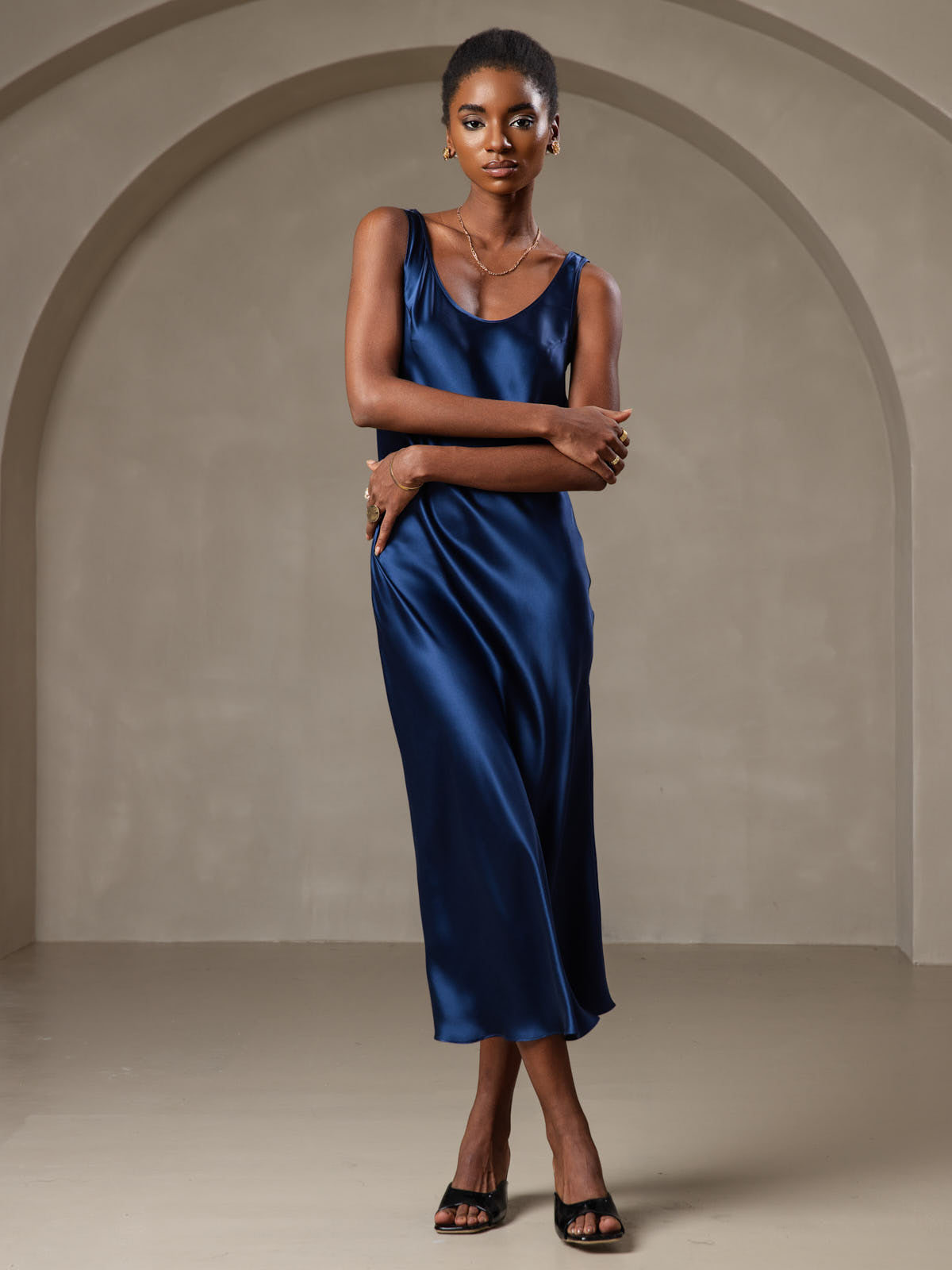 [Mörkblå] SilkSilky-SE Rent Silke Dress 001
