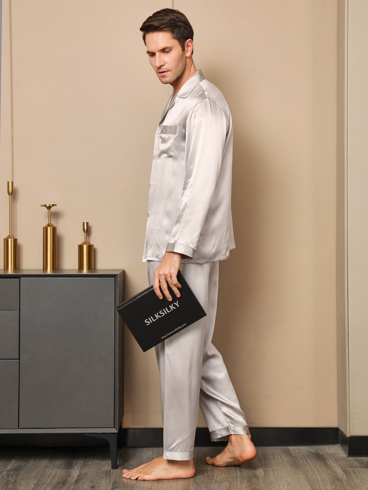 [Grå] SilkSilky-SE 19Momme Rent Silke Mens Pajamas 004