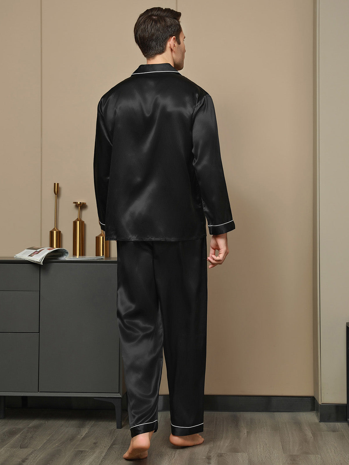 [Svart] SilkSilky-SE 19Momme Rent Silke Mens Pajamas 002