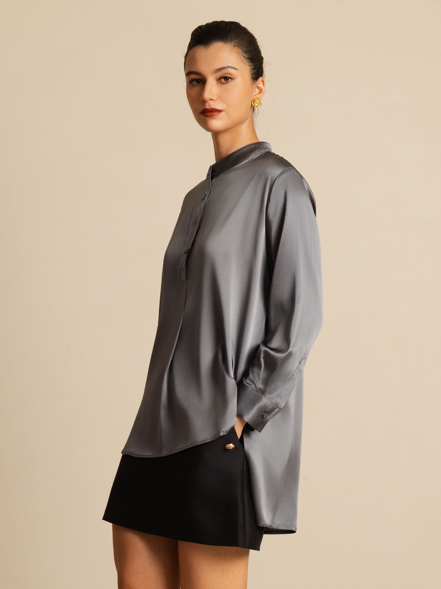 [Mörkgrå] SilkSilky-SE 19Momme Silke Lång Ärm Ståkrage Blus 006