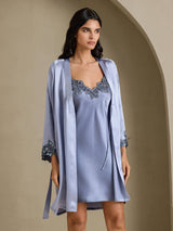 [Stålblå] SilkSilky-SE 3/4 Sleeve V Neck Dam Nattlinne&Morgonrock Set 001
