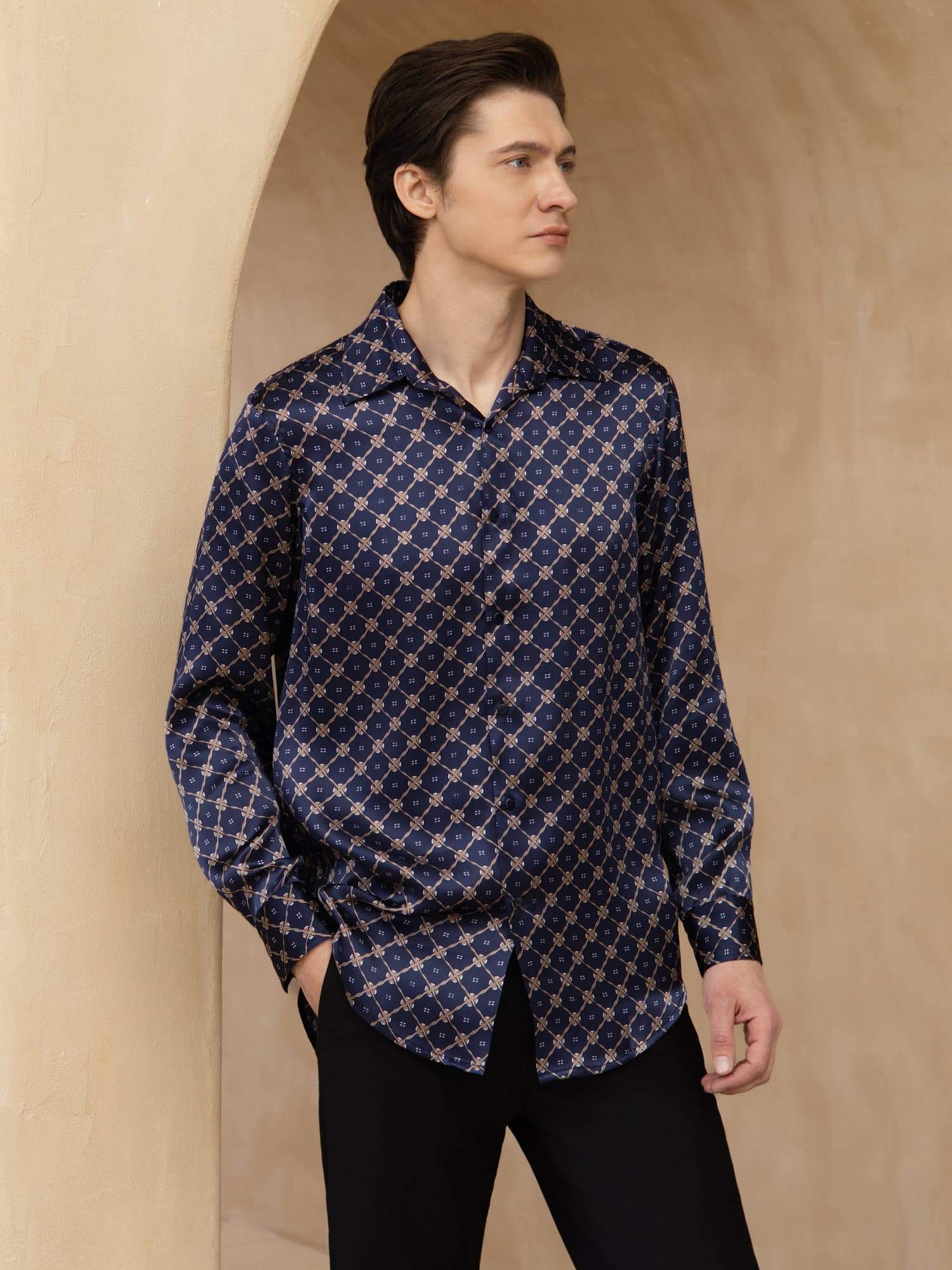 [Marin Kedja] SilkSilky-SE Lång Ärm Slagkrage Herrskjorta 001