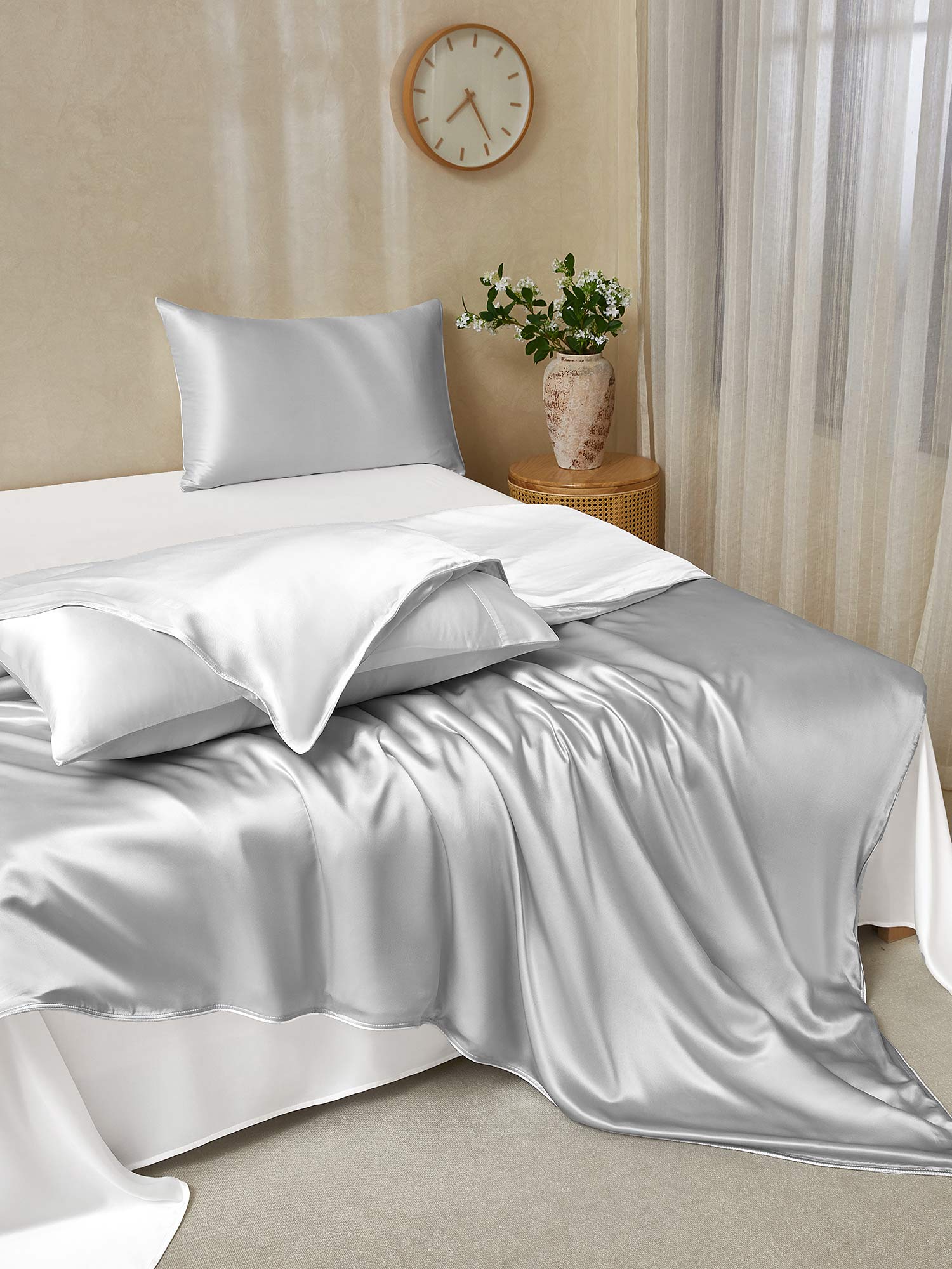 [Ljusgrå+Vit] SilkSilky-SE 19Momme Rent Silke Bedding Set 003,