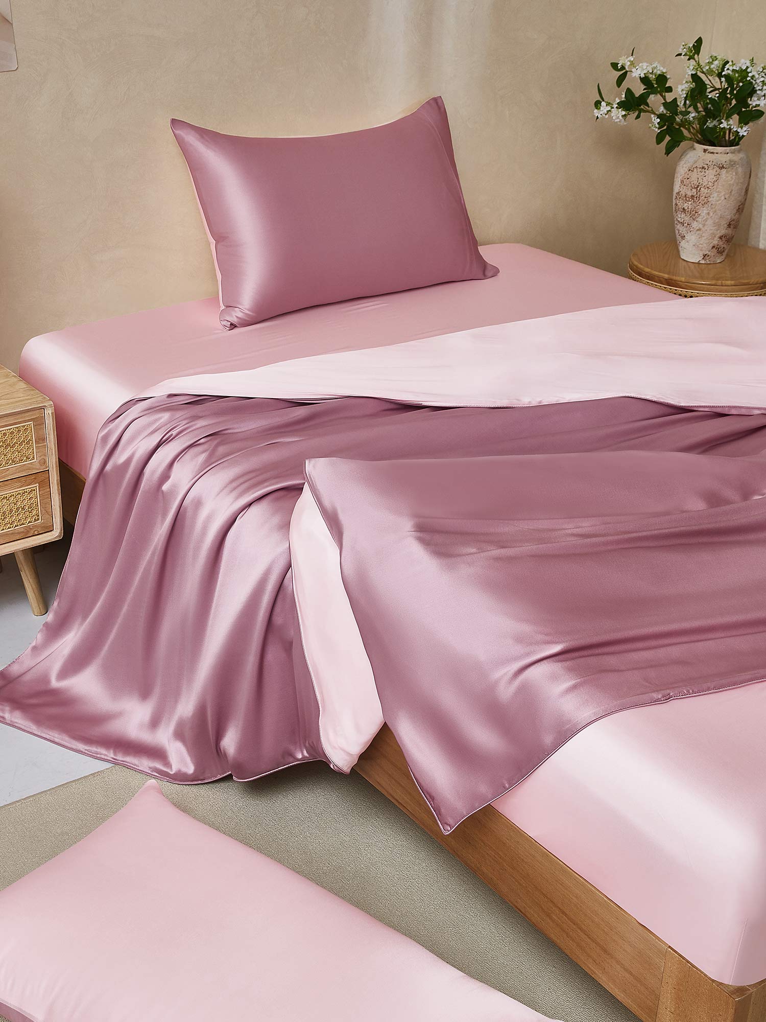 [BlekMauve+Ljusrosa] SilkSilky-SE 25Momme Rent Silke Bedding Set 001,