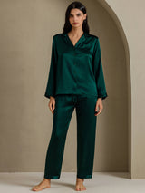 [Mörkgrön] SilkSilky-SE Long Sleeve Lapel Collar Dam Pyjama 006