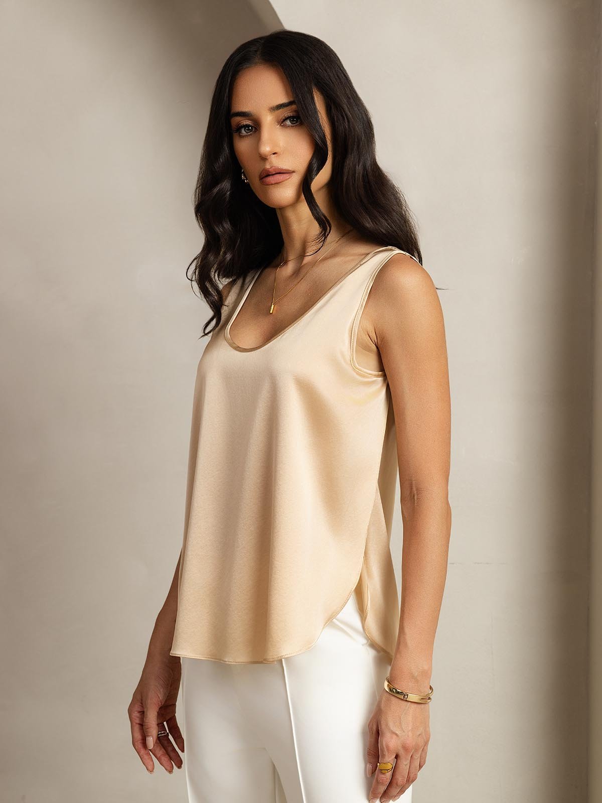 [Champagne] SilkSilky-SE 19Momme Silke Womens T-Shirt 001