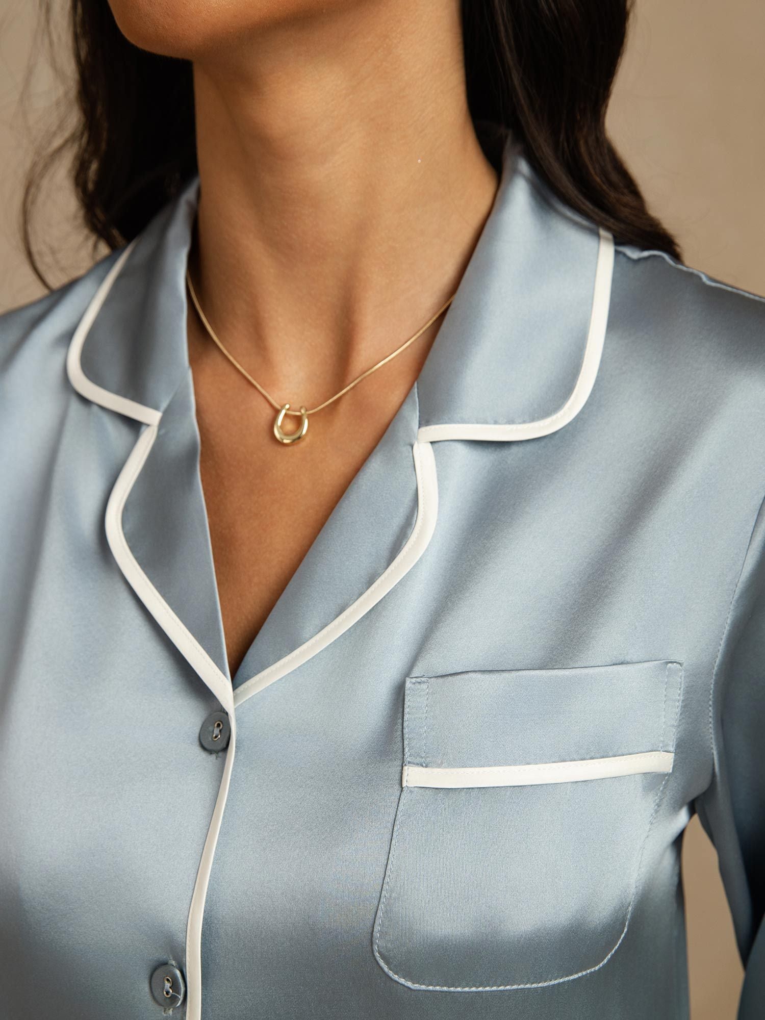 [Gråblå] SilkSilky-SE Lång Ärm Notchkrage Dam Pyjama 004