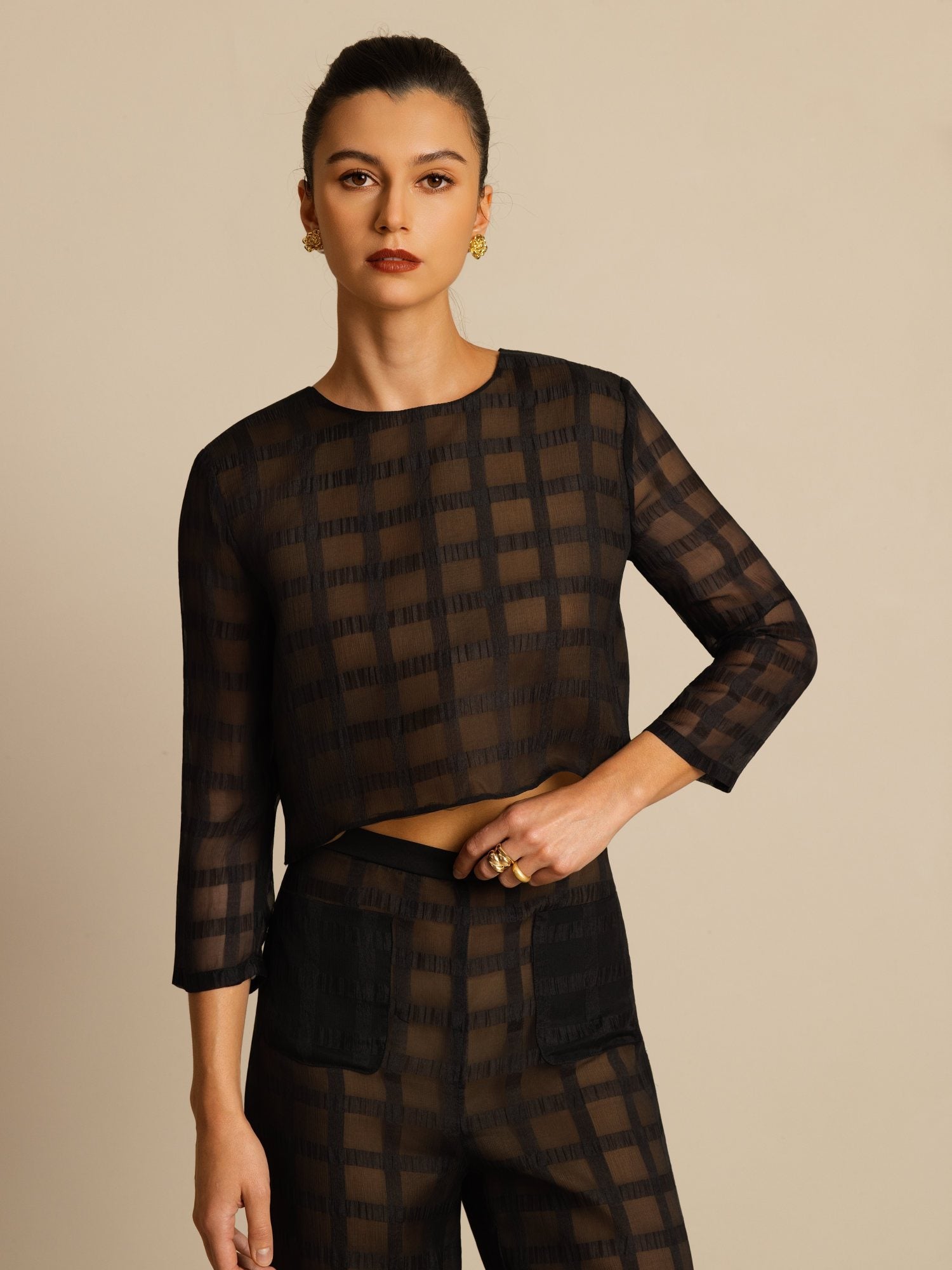 [Svart] SilkSilky-SE Rent Silke Lång Ärm Rund Halsringning Women''s Outfit Sets 006