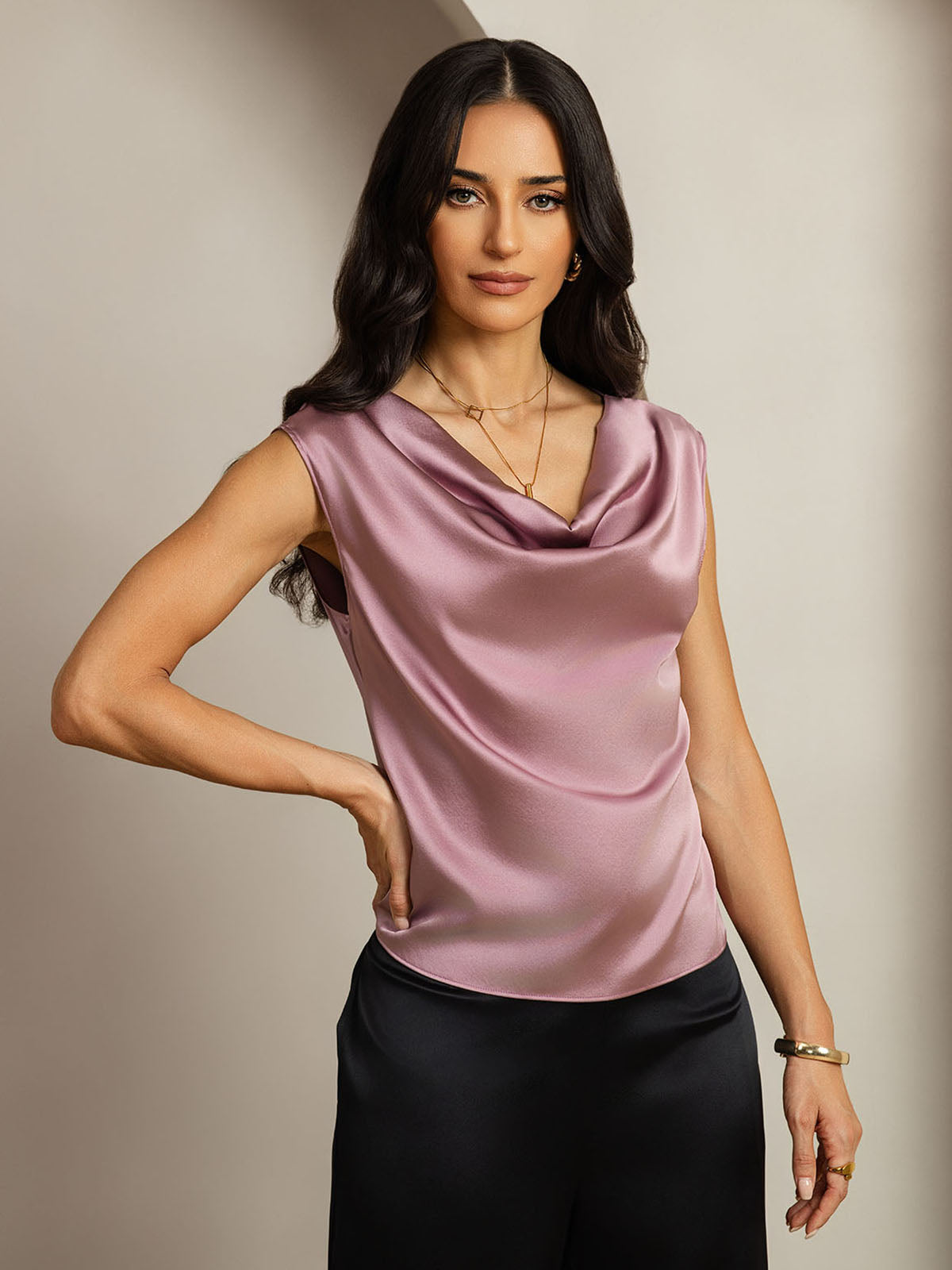 [Blek Mauve] SilkSilky-SE Cap Sleeve Cowl Neck Dam T-Shirt 001