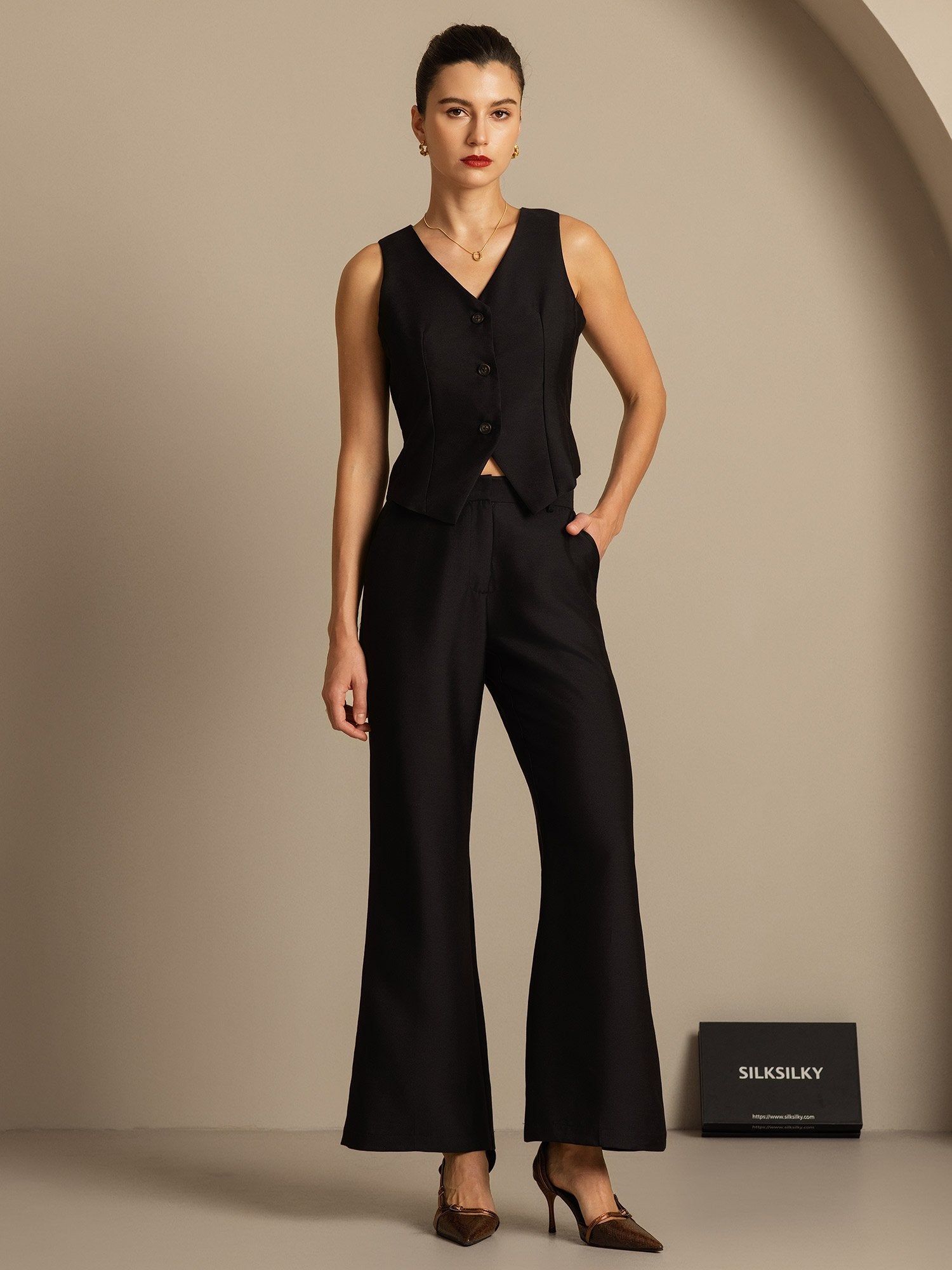 [Svart] SilkSilky-SE 32Momme Silk-Wool Blend Womens Pants 004,