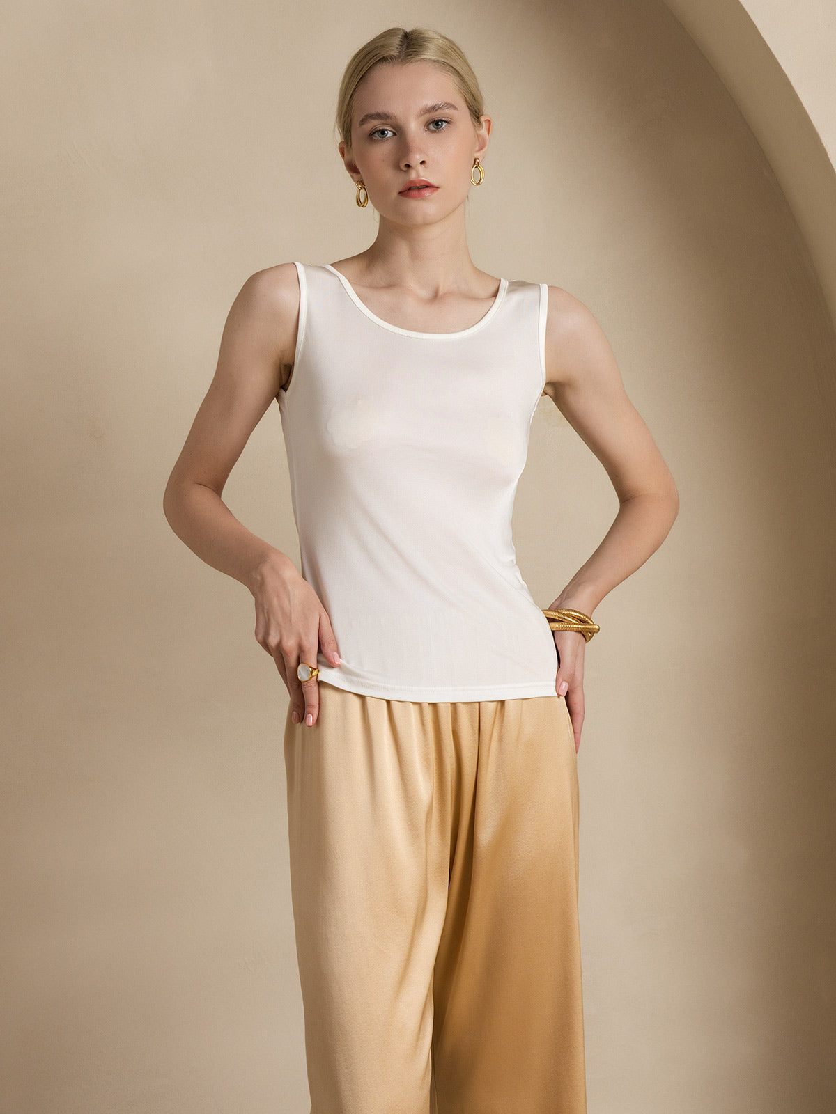 [Vit] SilkSilky-SE Silke Stickad Ärmlös Round Neck Dam T-Shirt 005