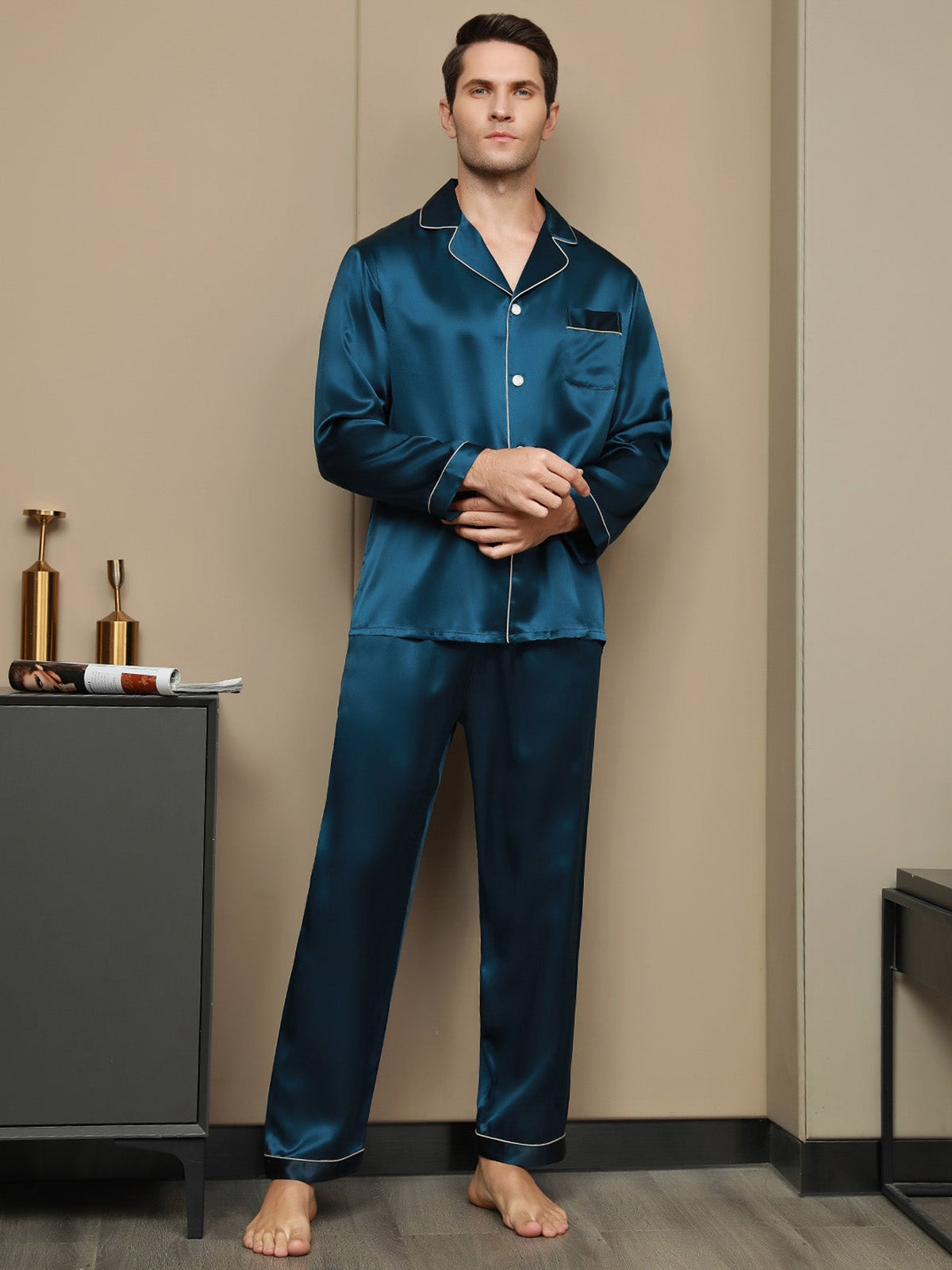[Kungsblått] SilkSilky-SE 19Momme Rent Silke Mens Pajamas 001