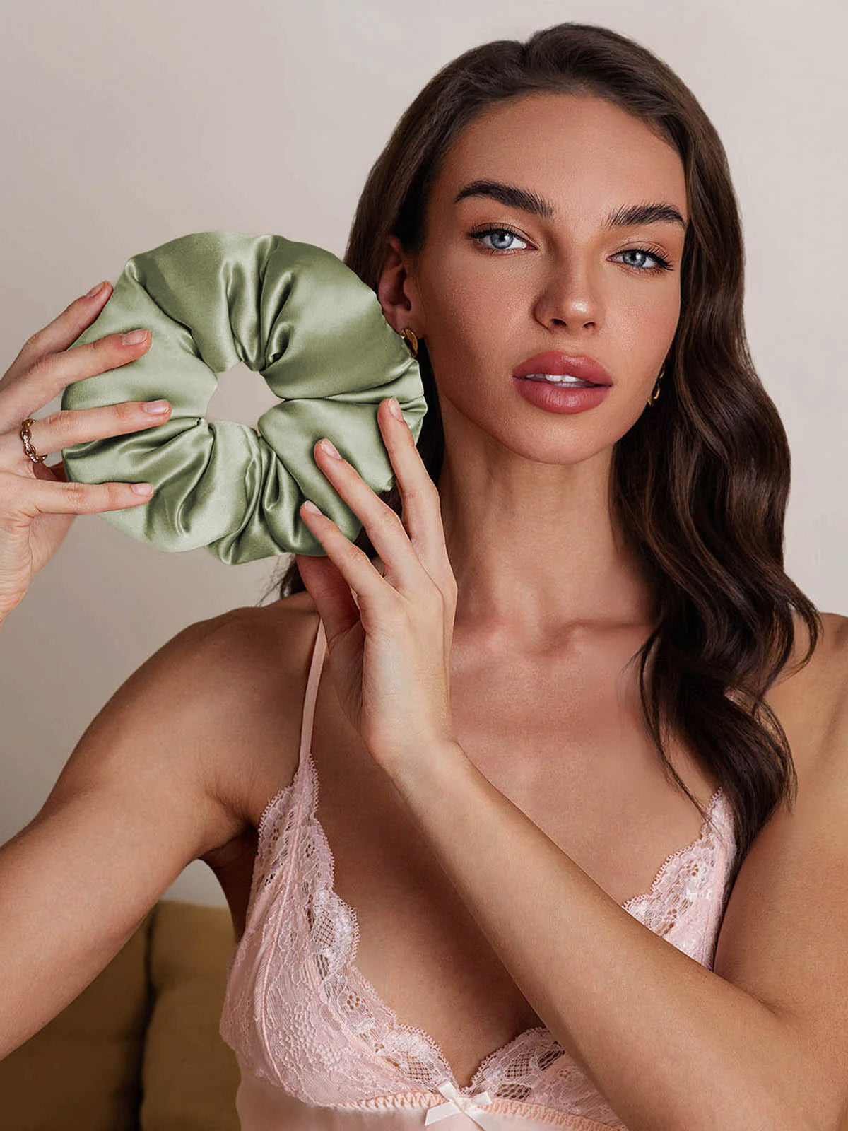 [Ljusgrön] SilkSilky-SE Rent Silke Scrunchie 002