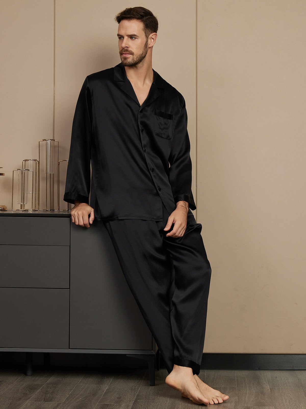 [Svart] SilkSilky-SE Rent Silke Mens Pajamas 004