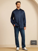 [Mörkblå] SilkSilky-SE Long Sleeve Stand Collar Herrskjorta 008