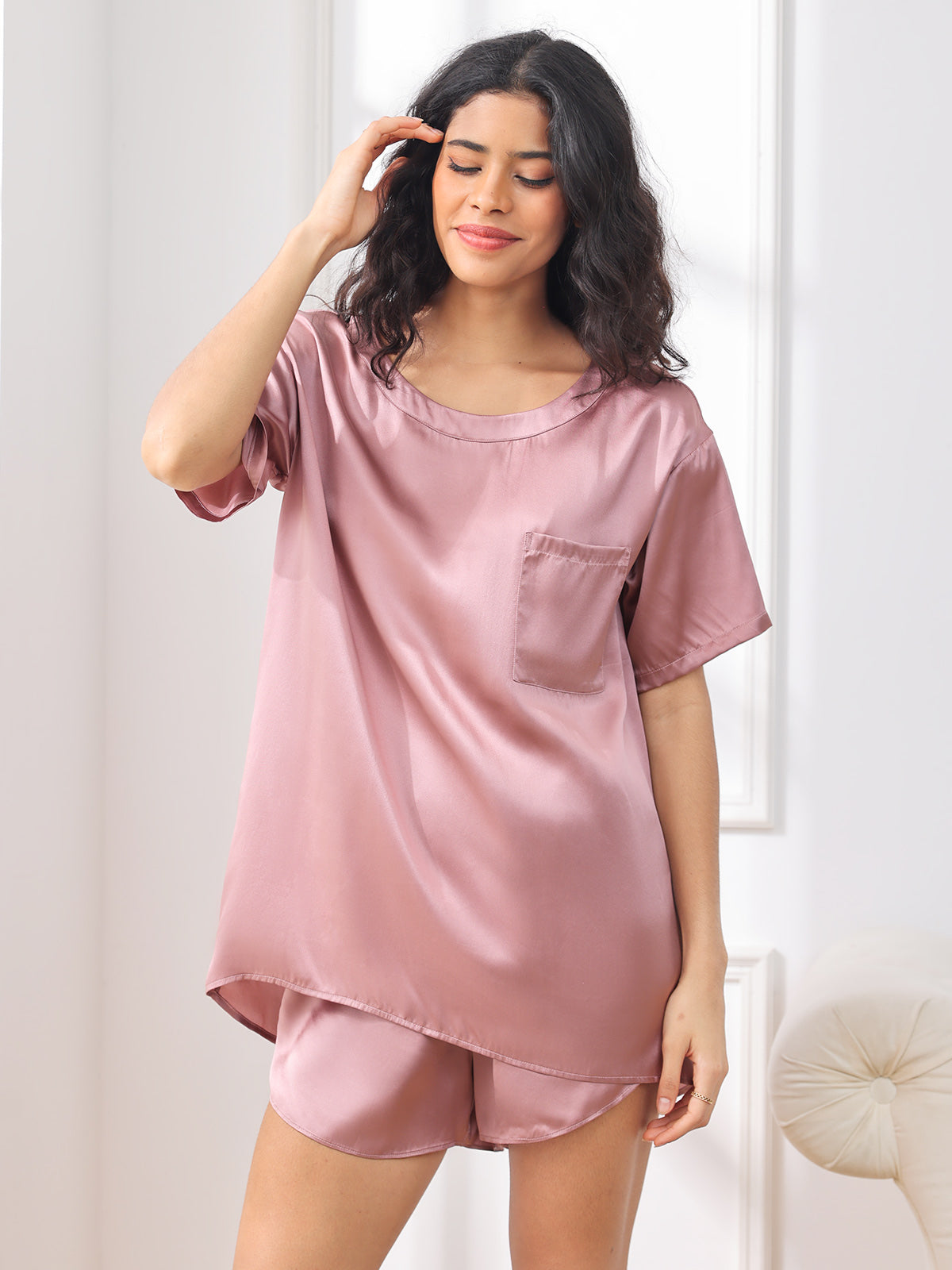 SilkSilky-SE Rent Silke Kort Ärm Womens Pajamas BlekMauve 003