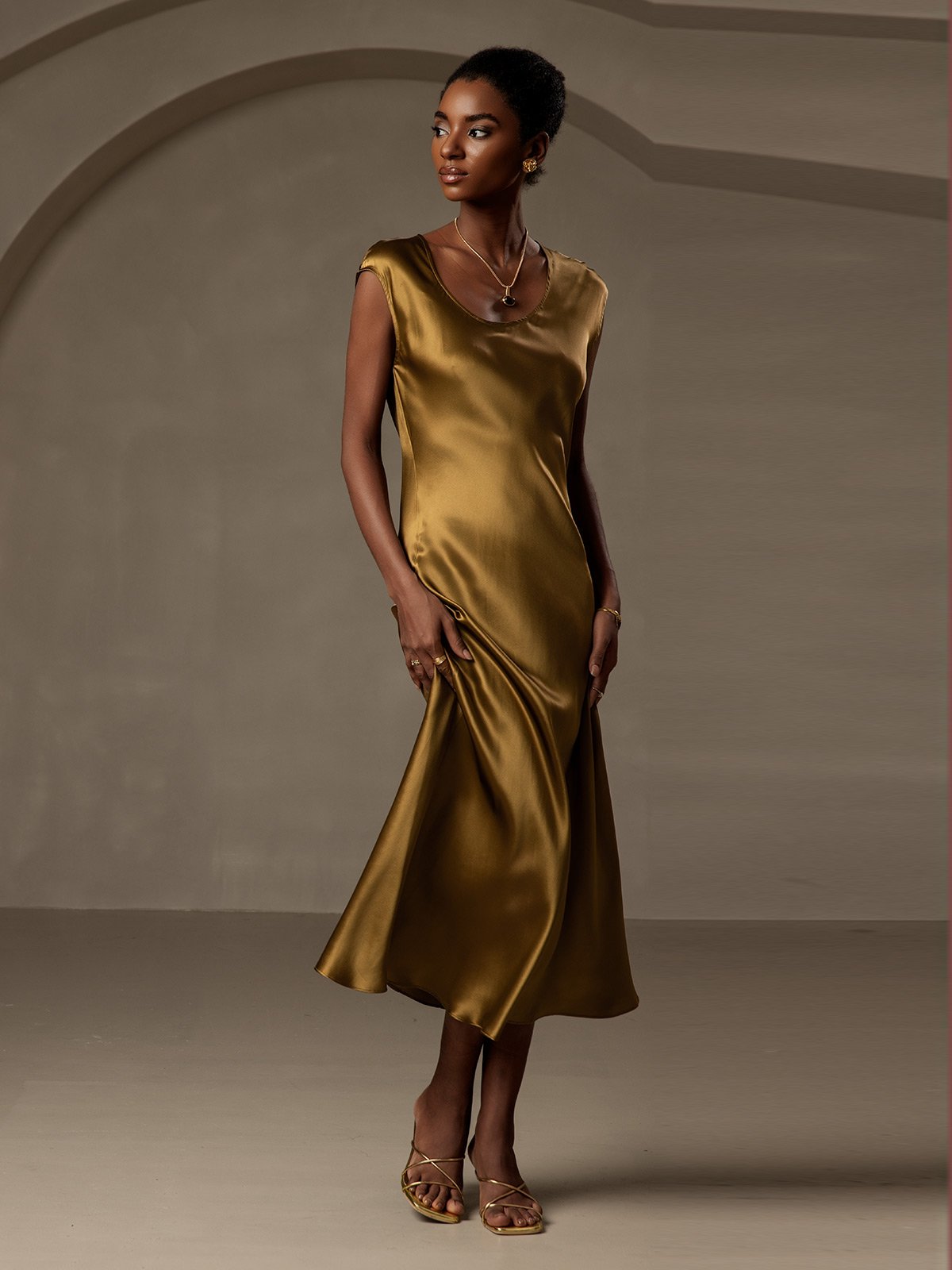 [Brun] SilkSilky-SE 19Momme Silke Ärmlös Dress 006