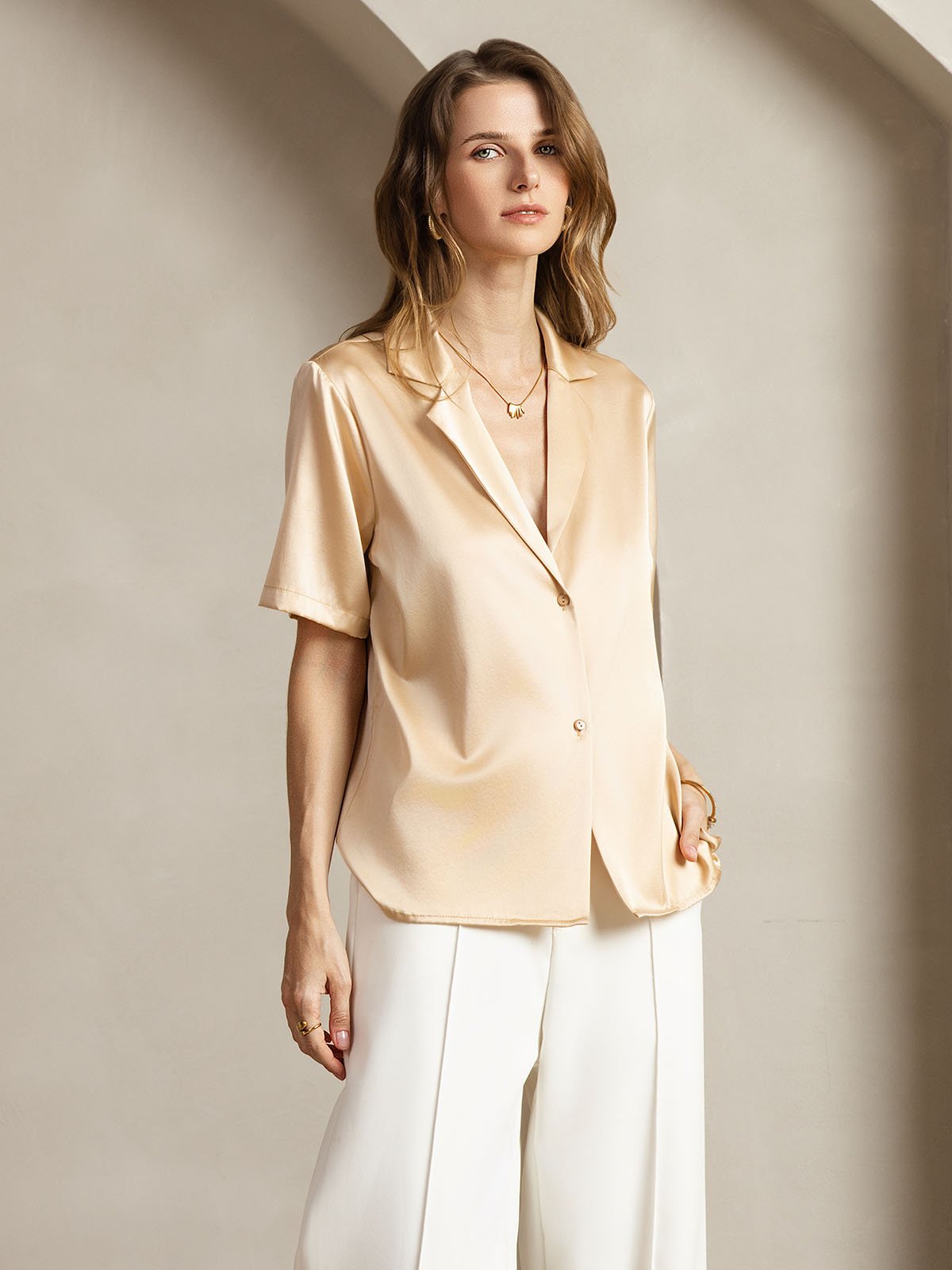 [Champagne] SilkSilky-SE 19Momme Silke Skårad Damskjorta 006